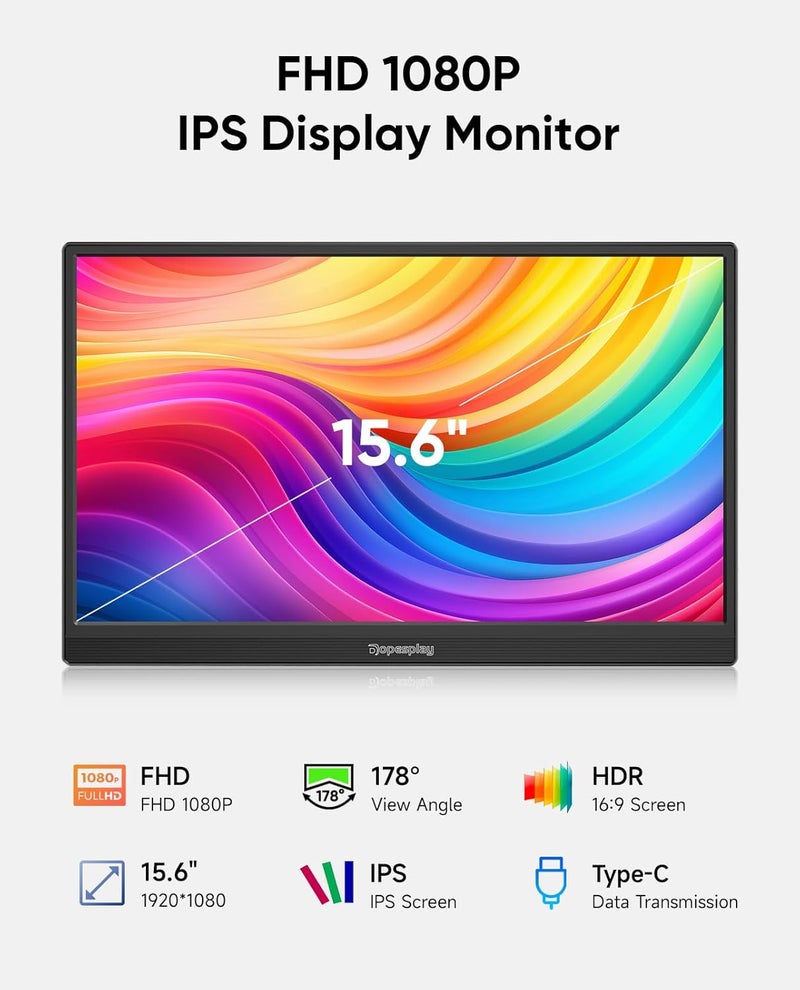 Dopesplay Portable Monitor, 15.6" FHD 1080P Travel Portable Monitor for Laptops, Ultra-Slim External Portable Screen for Laptop with Kickstand, Screen Extender for Laptop PC Mac Phone PS4/5 Xbox Switch - Image 2